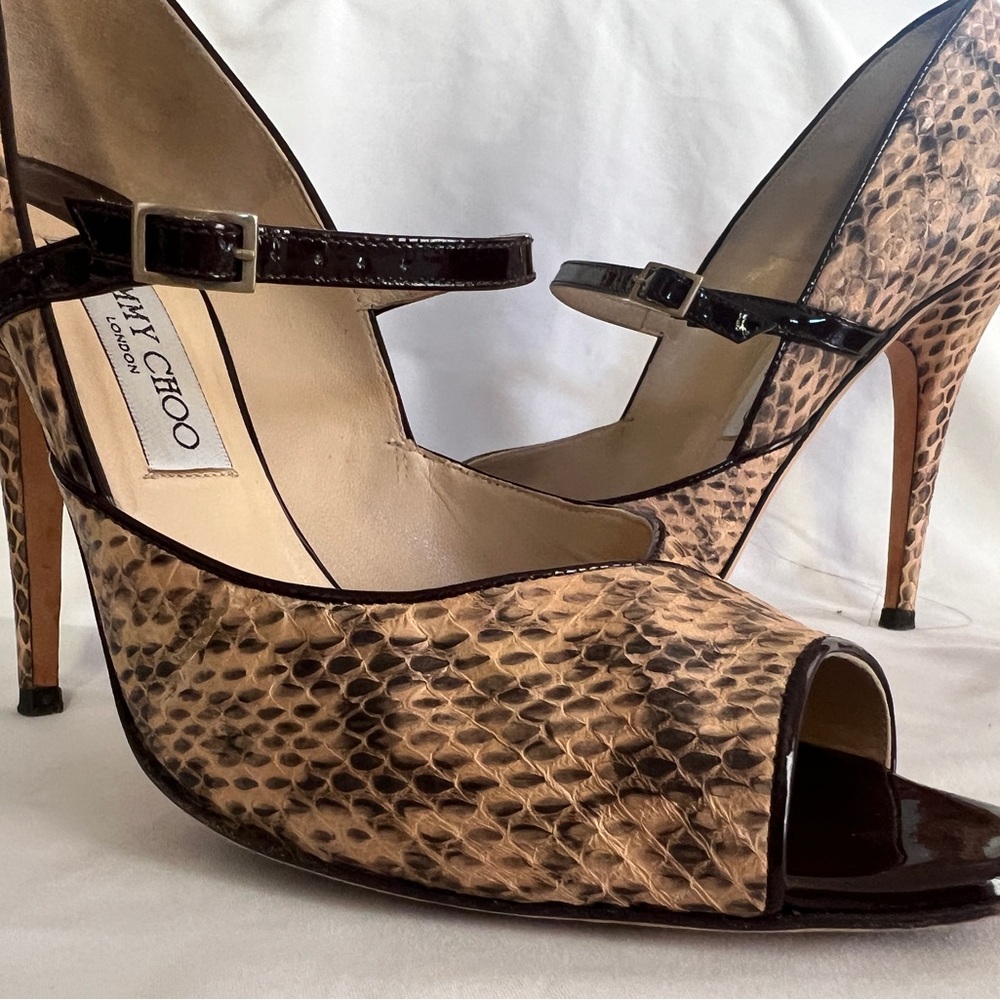 JIMMY CHOO 4” Elaphe in Powder Pink Snake Print/Brown Patent!